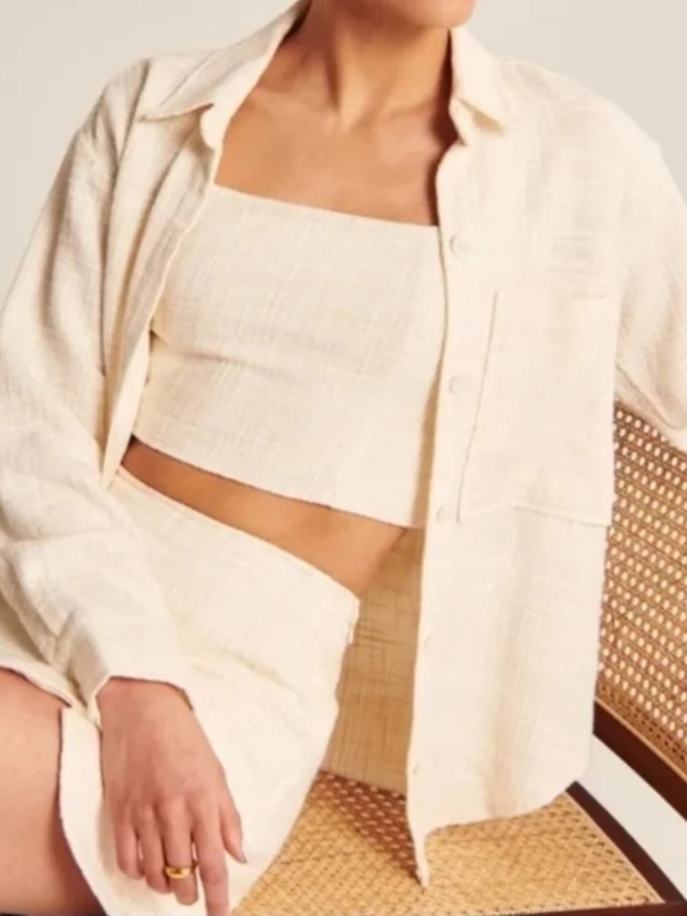 Abercrombie & Fitch Tweed Long Sleeve Oversized Button-Down Shirt in Cream, XS